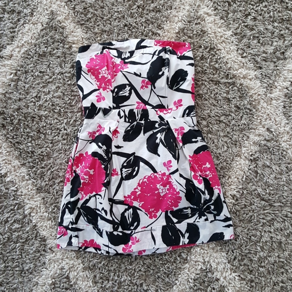 Pink, black and white floral strapless dress